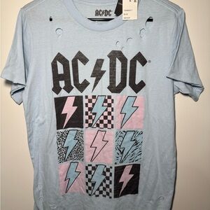 NWT AC/DC Rock Band Music Baby Blue Distressed T Shirt Women’s Size Medium